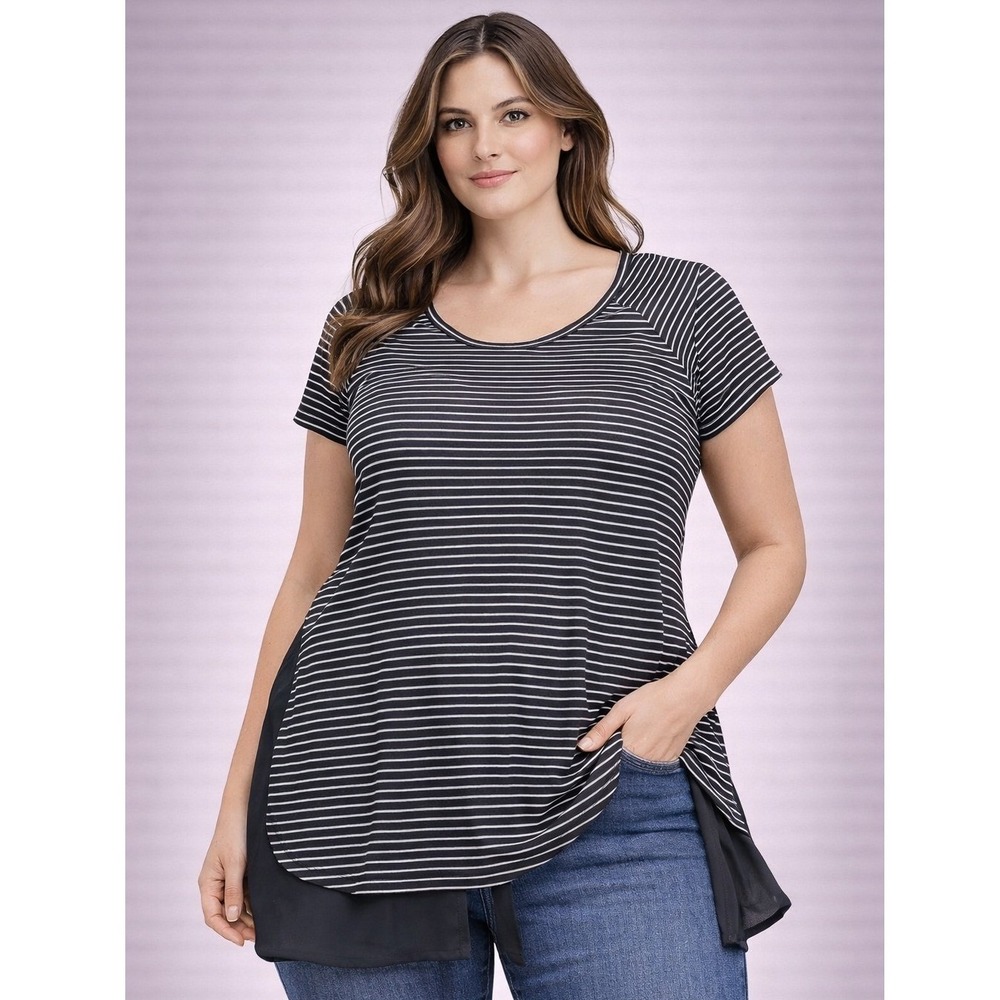Karen Kane Womens Striped Layered Tunic Top Black White Short Sleeve L
